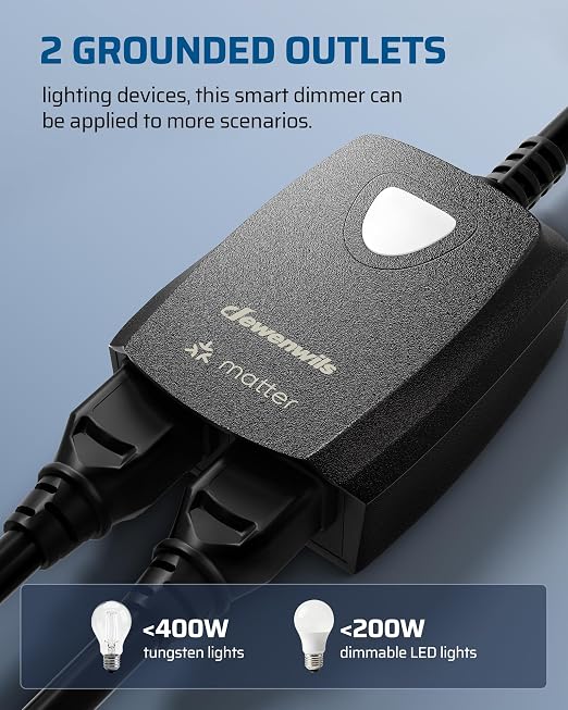 DEWENWILS Wi-Fi Matter Smart Dimmer Plug, Remote Control, 2 Grounded Outlets, Work with Alexa/Google Home, Support 200W Dimmable LED/400W Tungsten Bulbs, Outdoor Dimmer for String Lights, 2.4GHz Only