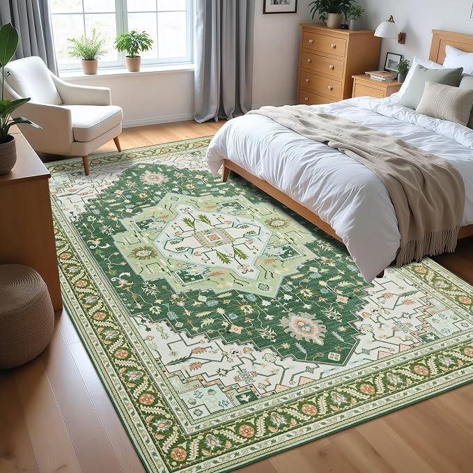 Macgace 6x9 Green White Area Rug for Living Room, Machine Washable Rugs with Non-Slip Backing for Bedroom, Vintage Medallion Carpet Dining Room Office Kids Room Decor