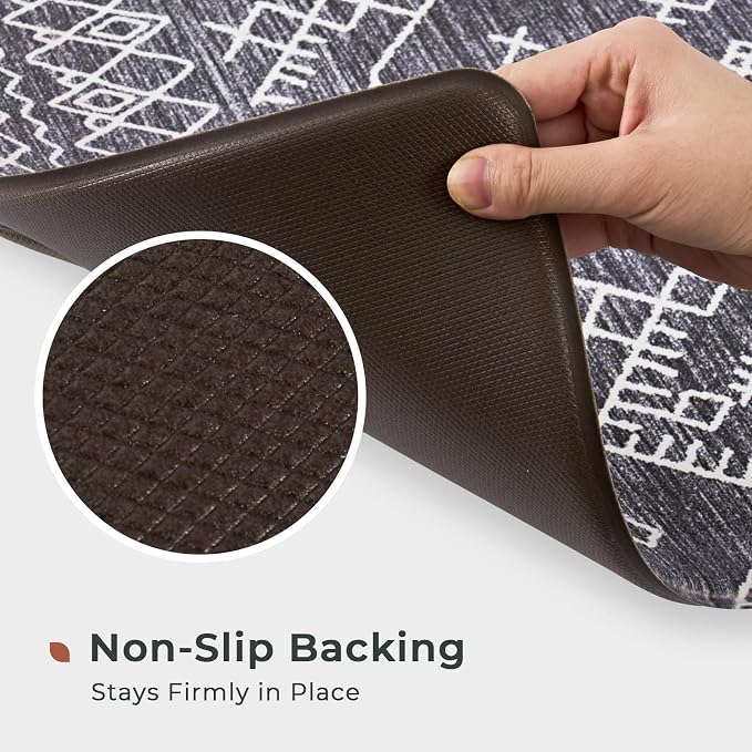 FRESHMINT Moroccan Kitchen Mat Set 2 Piece, 17x30''+17x47'', Black | Anti-Fatigue, Non Slip, Comfort, Kitchen Decor, Easy to Clean, Waterproof, Perfect for Kitchen, Laundry, Office