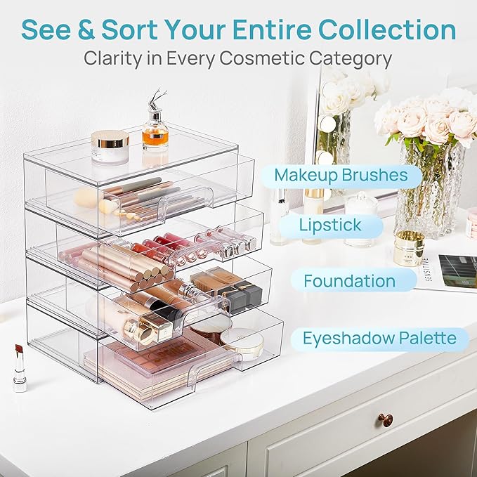 Vtopmart Clear Stackable Storage Drawers, 4 Pack Wide Plastic Organizers | Clear Pull-Out Plastic Drawers, Stackable Design for Makeup Palettes, Cosmetics, Beauty Supplies, Vanity, Cabinet and Desk