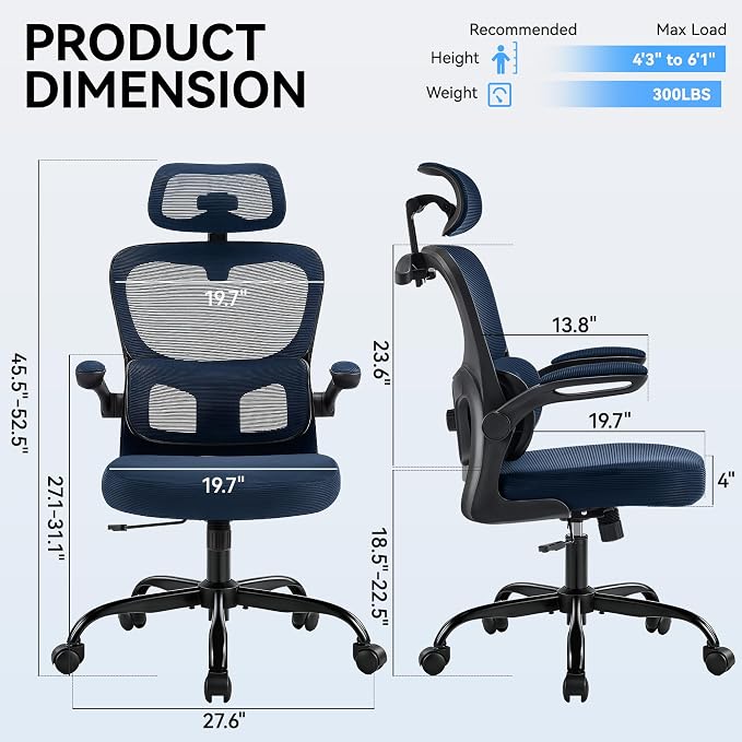 AreShark Office Chair Ergonomic Desk Chairs with Adjustable Lumbar Support& Headrest Hanger, High Back Breathable Mesh Chair with Wheels, Rolling Swivel Comfy Task Computer Chair for Home Work Gaming