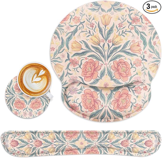Britimes Pink Floral Vintage Boho Ergonomic Mouse Pad Set with Wrist Rest Non-Slip Rubber Base Wrist Cushion Support and Coasters Mousepad with Wrist Support for Computer Keyboard and Desk