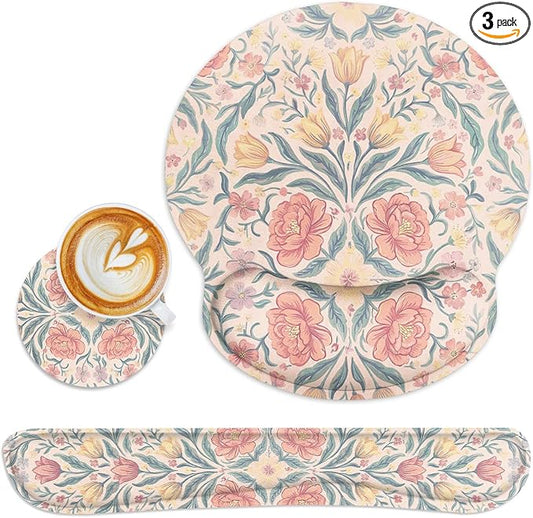 Britimes Pink Floral Vintage Boho Ergonomic Mouse Pad Set with Wrist Rest Non-Slip Rubber Base Wrist Cushion Support and Coasters Mousepad with Wrist Support for Computer Keyboard and Desk