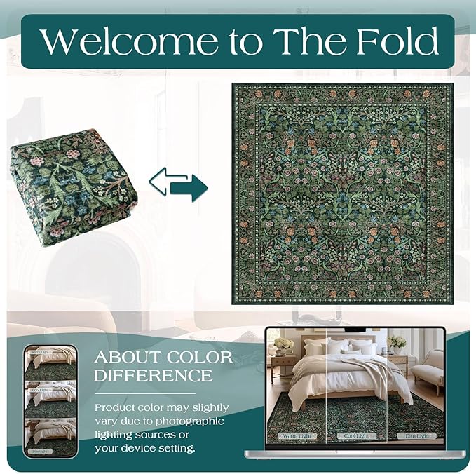Moss Green 9x9 Square Rug - Soft Washable Boho Floral Living Room Rug Non Slip Stain Resistant Vintage Retro Dark 9' Square Area Rugs for Bedroom Guest Room Dining Room Rugs for Under Table