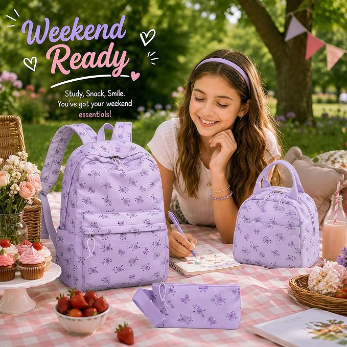 LEDAOU Kids Backpack for Girls Backpacks with Lunch Box, Lightweight Bookbag Set Elementary Middle School Back pack for 8-14