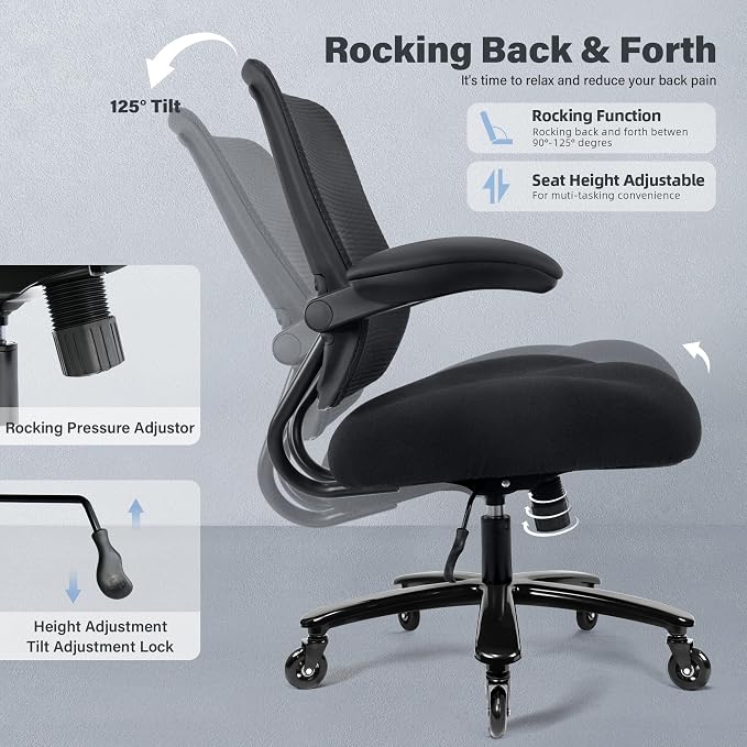 Kassipo 500LBS Big and Tall Office Chair with Flip-Up Armrests, Heavy Duty Office Chair for Heavy People, Memory Foam Seat Filling Springs, Black