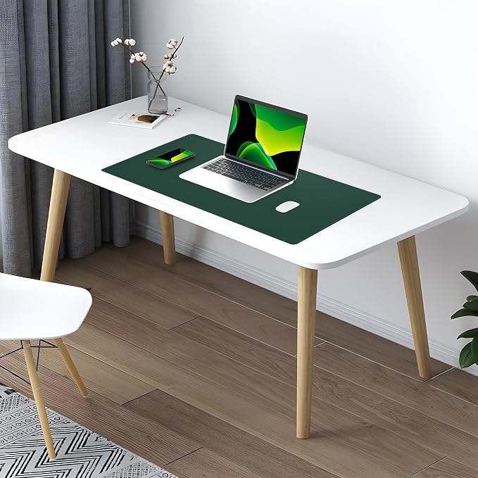 AFIING Cork Desk Mat, Dark Green, 23.6" x 13.7", Desk Pad Protector | Dual-Sided & PU Leather, Waterproof, Non-Slip for Mouse Pad, Writing, Home Office& Laptop