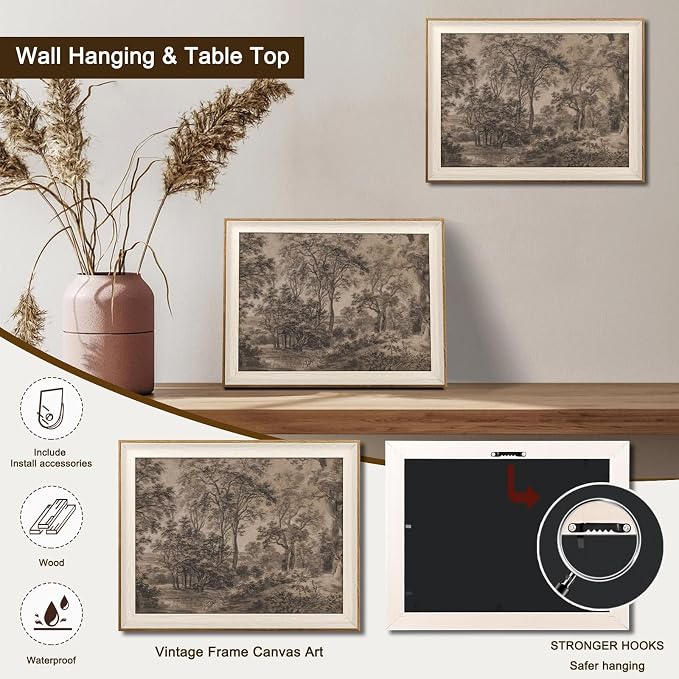 Framed Canvas Wall Art for Living Room Decor, Vintage Neutral Brown Woodland Landscape Painting Farmhouse Canvas Prints Artwork, Antique Wall Pictures Decor for Bedroom Gallery Office, Bathroom Wall Decor - 12x16Inch