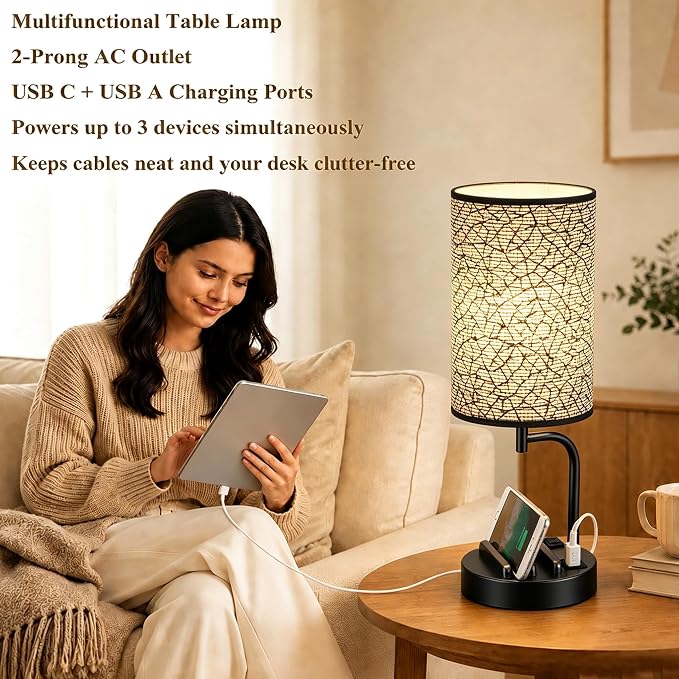 Dreamholder Touch Control USB Table Lamp with USB C/A & AC Outlet, 3-Way Dimmable Bedside Lamp, Modern Nightstand Lamps for Bedroom Living Room Guest Room Office, Bulb Included, Miracle Black