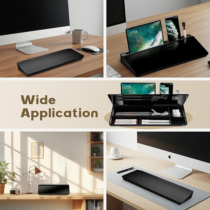 Glass Desktop Whiteboard, Dry Erase Board with Marker Holder, Computer Monitor Message Board and Desk Organizer for Home, Office and School Supplies (Black)