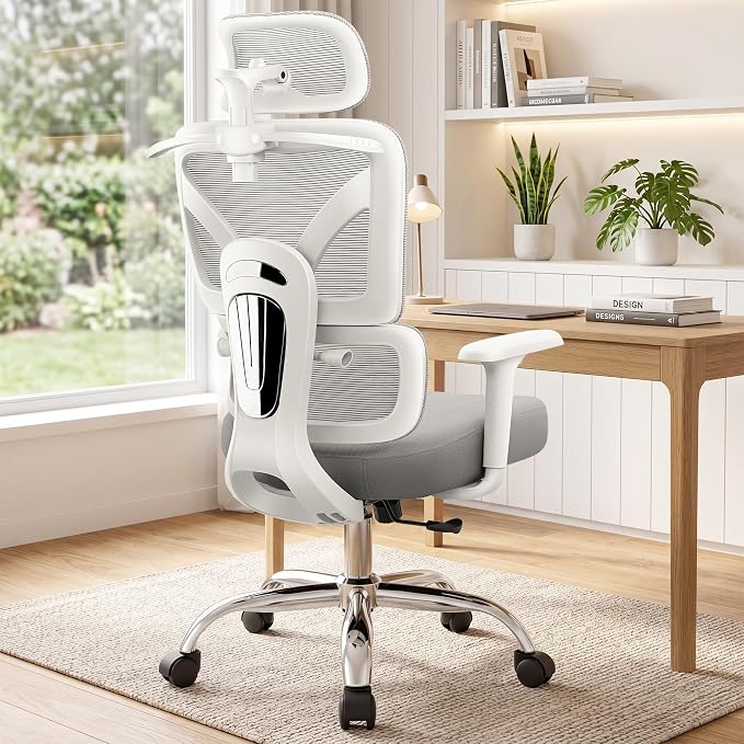 Ergonomic Office Desk Chair, Computer Chair Comfy for Home Office, Standard | Adjustable Lumbar Support for Back Pain Relief, 4.33'' Thick Foam Cushion, 3D Headrest, Steel Frame, 300LBS, LightGray