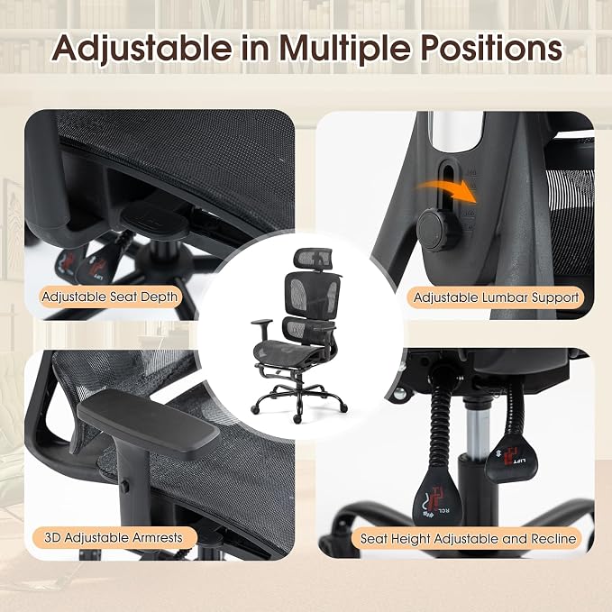 ECOTOUGE Black Ergonomic High Back Mesh Office Chair with Footrest | Adjustable Lumbar Support, Headrest, 360° Swivel, Reclining, Rolling Casters, Sturdy Base, for Home Office & Gaming