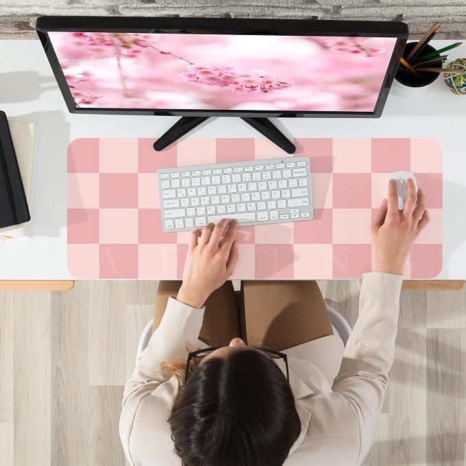 AFIING Pink Checkered Desk Mat, 31.5" x 12"，Waterproof PU Leather Desk pad | Non-Slip Rubber Base, Easy Clean Surface, Desk Protection, Office & Home