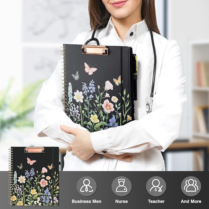 Ospelelf Clipboard with Storage Spiral Clipboard Folio for Letter Size,Organizer Folder with Zipper Pouch and 5 Dividers,Leather Portfolio for Office, School Black Garden