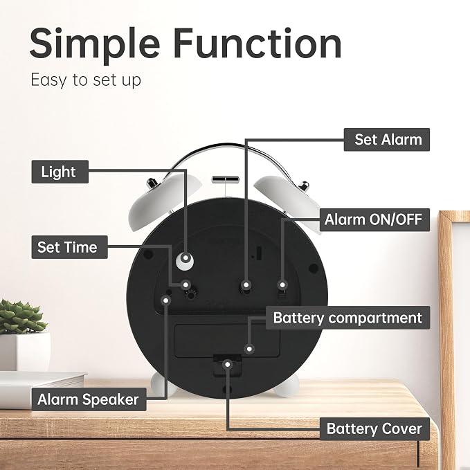 Twin Bell Loud Alarm Analog Alarm Clock, 4 inch Super Silent Non Ticking Small Clock with Night Light, Battery Operated, Simple Design, Old Fashioned, for Heavy Sleeper, Bedroom, Bedside, Desk, White