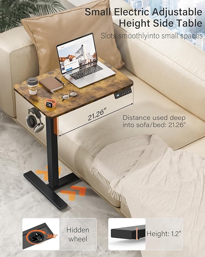 FiCiHi Electric Standing Desk with Wheels – Adjustable Height Mobile Sit-Stand Laptop Table, Portable Rolling Small Computer Workstation for Home Office & Bedside Use (28"x16", Rustic Brown)