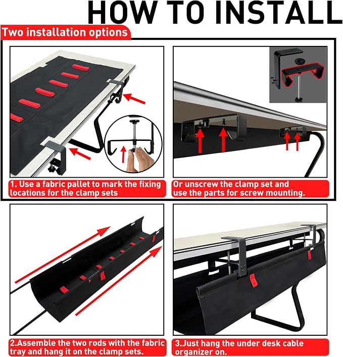 No Drill Under Desk Cable Management Tray, 28" Desk Cable Organizer | Premium Oxford Fabric Cable Management, Clamp Screw Desk Cable Management, Large Capacity Table Cable Organizer for Office