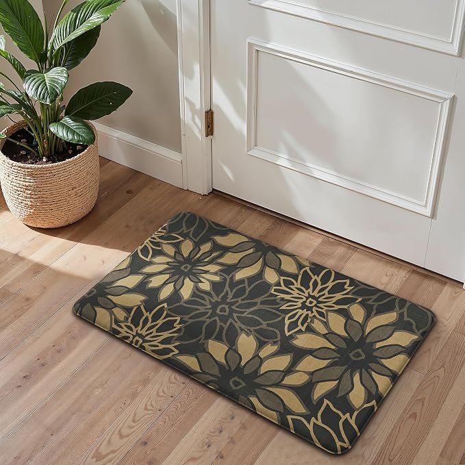 GENIMO Anti Fatigue Kitchen Mats for Floor 2PCS, Cushioned Standing Mats | 17.3"x59"&17.3"x30", Black Brown vintage floral rug set, waterproof, non slip, easy-clean for farmhouse