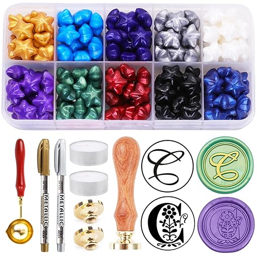 Wax Seal Kits, 200pcs Assorted Sealing Beads and 2pcs Initial Alphabet C Wax Seal Stamp Kits for Wedding Invitations Gift Wraps Envelopes and Christmas Cards (Alphabet C Kit)