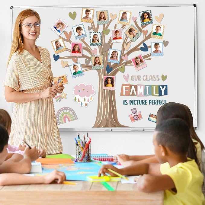 Back to School Bulletin Board Our Class Family is Picture Perfect Bulletin Board Set Colorful Picture Frame Classroom Decoration Boho Tree DIY Photo Crafts Cutouts for Schools Offices Teacher Supplies
