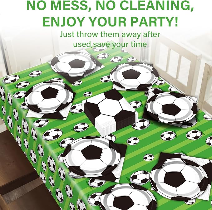 Qyeahkj Soccer Birthday Party Decoration Plates Napkins Tablecloth Supplies -Serves 24 Guests Disposable Tableware Dinnerware Favors for Boys Girls Soccer Sports Theme Baby Shower Birthday Party
