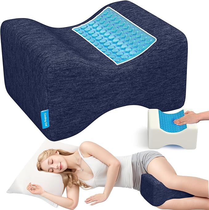 Knee Pillow for Side Sleepers with Cooling Gel, Memory Foam Elevation Pillow for Spine Aligning, Sciatica, Back, Hip, Knee, Ankle Pain, Blue/X-Large