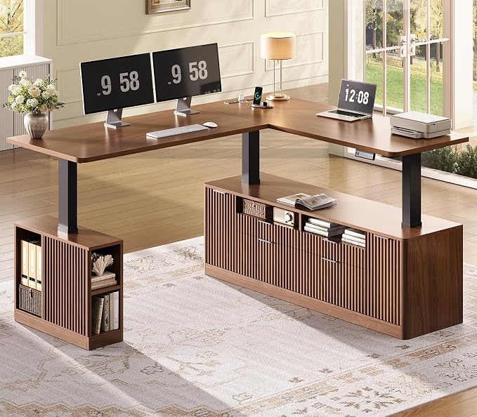 SEDETA L Shaped Electric Standing Desk, 69" x 55"Height Adjustable Office Executive Desk with 4 Drawers and Storage Shelves, Fluted Sit Stand Computer Desk with Power Outlet for Home Office