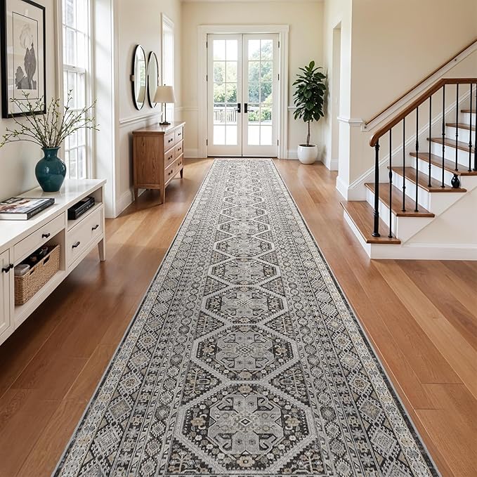 3x20 Runner Rug Kitchen Washable:Oriental Indoor Hallway Runners with Non Slip Backing Floor Mat for Entryway Door Low Pile Thin Carpet for Bedroom Bathroom Living Room Bedside (Black, 3x20)