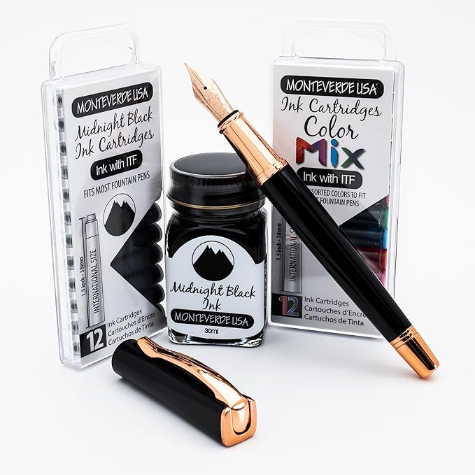 Monteverde USA Impressa Fountain Pen - Black & 24K Gilded Rose Gold Pen, 24K Gilded Gold Medium Nib, Free Ink Bottle, Free 24 Cartridges, Luxury Writing Experience, Elegant Executive Gift Set