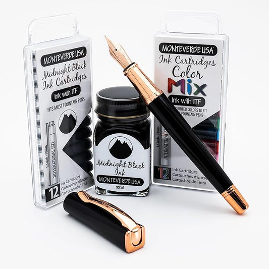 Monteverde USA Impressa Fountain Pen - Black & 24K Gilded Rose Gold Pen, 24K Gilded Gold Omniflex Nib, Free Ink Bottle, Free 24 Cartridges, Luxury Writing Experience, Elegant Executive Gift Set