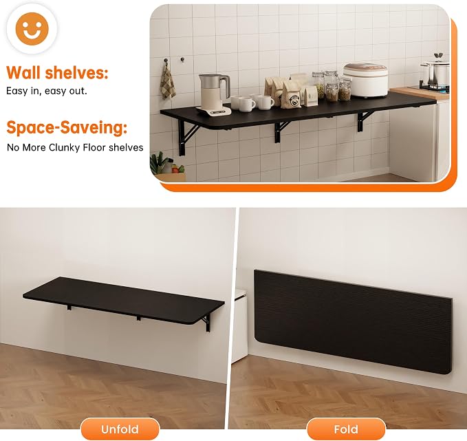 IAE Wall Mounted Floating Foldable Desk 60" x 22" Folding Computer Workstation Table with Engineered Wood and Metal Shelf Brackets,Fold&Floating Design for Home Office, Apartment,Laundry Room,Black