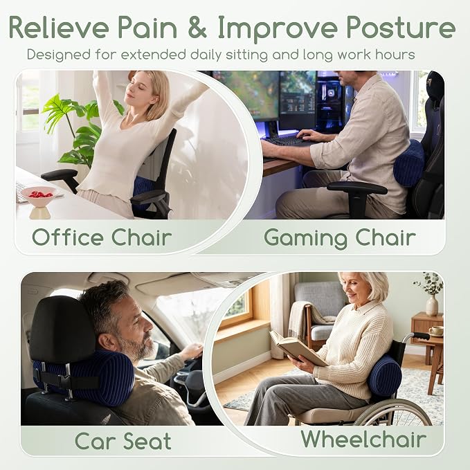 HIGOGOGO Lumbar Roll Lumbar Support Pillow for Office Chairs, Cars, and Gaming Chairs, Back Cushion with Washable Cover & Adjustable Strap to Relieve Back Pain and Improve Posture, 15"x6"x5", Navy