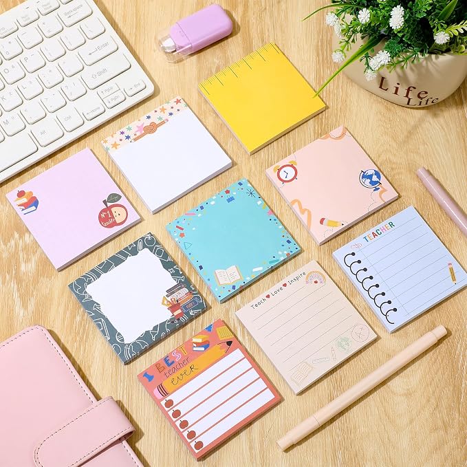 9 Pads Cute Sticky Notes Cartoon Self Stick Notepads 3x3 Inches Notes Adhesive Memo Pad Office Decor Gifts for Students School Teacher Office Meeting(Teacher)