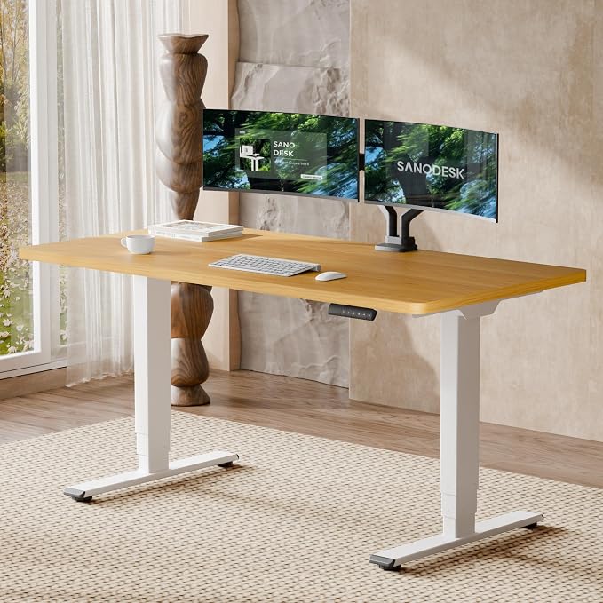SANODESK Dual Motor Standing Desk 220lbs Height Adjustable Desk | 60"x24" Spacious One-Piece Maple Desktop & White Frame, 4 Memory Presets, 3-Stage Legs, 220lbs, 2-Box for Home & Office