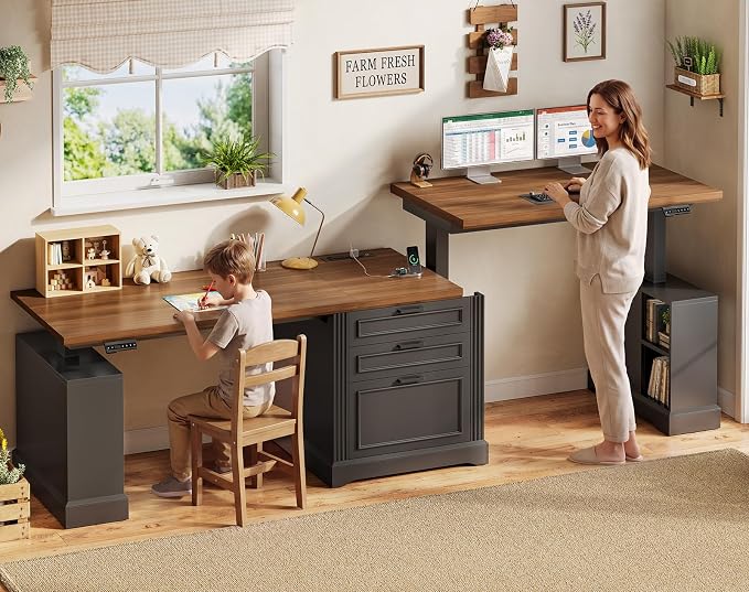 SEDETA Standing Two Person Desk, 98.4'' Farmhouse Long Computer Desk with 3 Drawers, Storage Cabinet, Electric Height Adjustable 2 Person Desk with Power Outlets for Home Office, Black+Brown