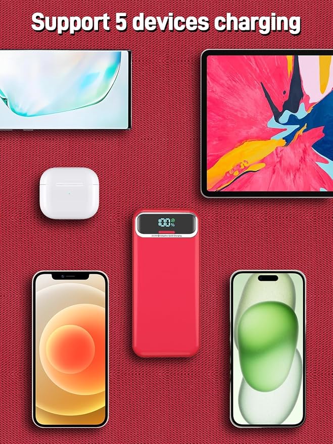 Nusyddy Portable Charger 20000mAh 22.5W w/Built-in Cables & Wall Plug Red | 22.5W Fast Charging, High Capacity, LED Display, Charge 5 Devices at once, TSA Approved, Compatible with iPhone/iPad/Samsung