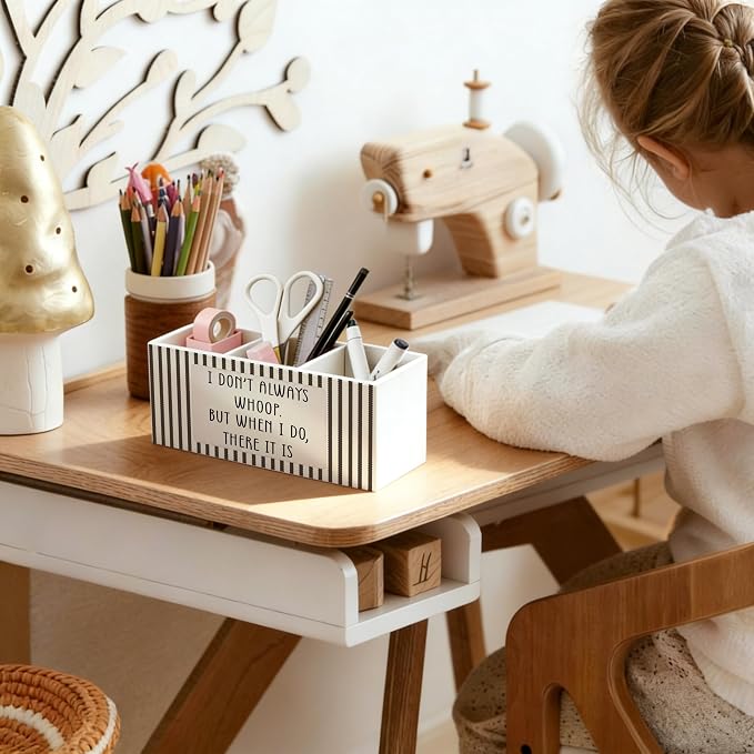 Striped Funny Wooden Pen Holder for Desk, Funny Desk Decor Accessories, I Don't Always Whoop Sarcastic Pencil Organizer Wooden Box Sign for Home Office Decoration