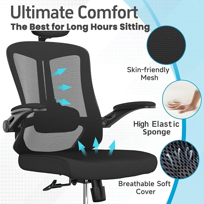 Ergonomic Office Chair - 350LB Comfy Desk Chairs with Adjustable Headrest and Lumbar Back Support, Mesh Computer Chairs with Wheels and Arms for Home Office, Study (Black-with Headrest)