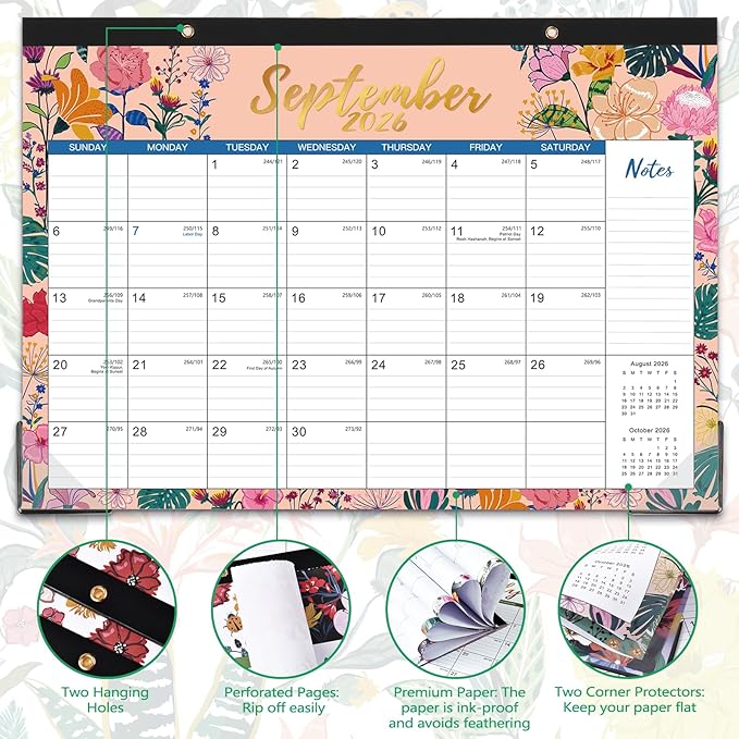 2026 Desk Calendar – Jan 2026 – Dec 2026, 12 Months Large Monthly Desk Calendar 2026, 17" x 12", Desk Pad, Ruled Blocks, To-do List & Notes, Tear Off, Best Desk/Wall Calendar, Beautiful Flowers
