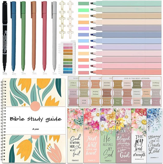 Bible Study Supplies & Journaling Kit for Women with Highlighters & Pens,Tabs for Women, Sticky Notes, Bookmarks & Cross Clips – Bible Annotation Kit for Scripture Study(41pcs)