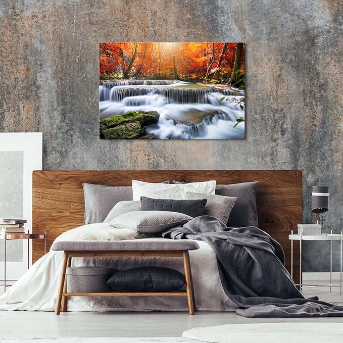 Nature Sunset Landscape Large Wall Art Living Room National Park Forest Picture Wall Decor Waterfall Scene Poster Prints Retro Maple Trees Photography Artwork for Living Room Kitchen Decoration 32x48