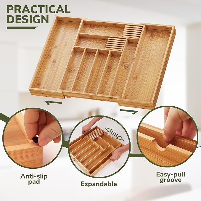 BAMEOS Bamboo Drawer Organizer Expandable Kitchen Silverware Organizer with 7-9 Deep Compartments, Bamboo Reinforced Cutlery Tray, Adjustable Utensil Holder for Kitchen(16.1"-22.4" Wide, Natural)