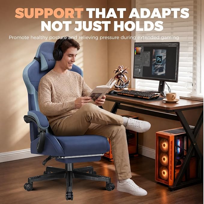 GTPLAYER Gaming Chair with Footrest, Ergonomic Office Chair 400lbs Heavy Duty, Big and Tall Computer Desk Chair with Lumbar Support and Headrest, Breathable Tech Fabric, 90-155° Recline Blue