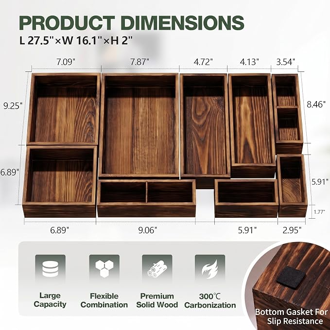 9-Pack Solid Wood Junk Drawer Organizer, Modular Desk Drawer Tray & Accessories with Non-Slip Pad, Multi-Use for Kitchen, Office, Bedroom Dresser, Utensil, Makeup, Stationery, Tea Bags & Coffee Pod
