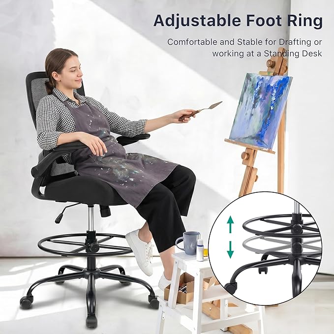 HYLONE 400lbs Big and Tall Heavy Duty Drafting Chair 5" Thickened Seat Tall Office Chair Flip-Up Armrests Ergonomic Chair with Lumbar Support and Adjustable Footrest Ring Standing Desk Chair (Black)