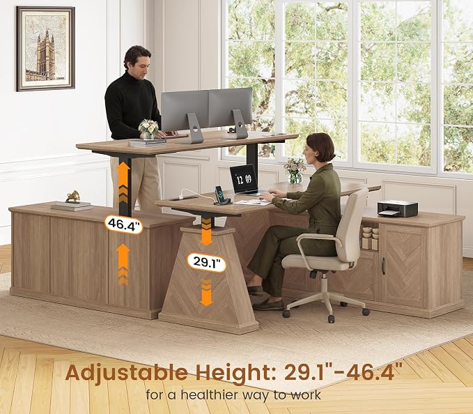 Farmhouse L Shaped Electric Standing Desk with Power Outlet & 2 Cabinets, 55.1" x 47.2" Height Adjustable Office Executive Standing Desk with Storage, File Drawer & Shelf, Natural
