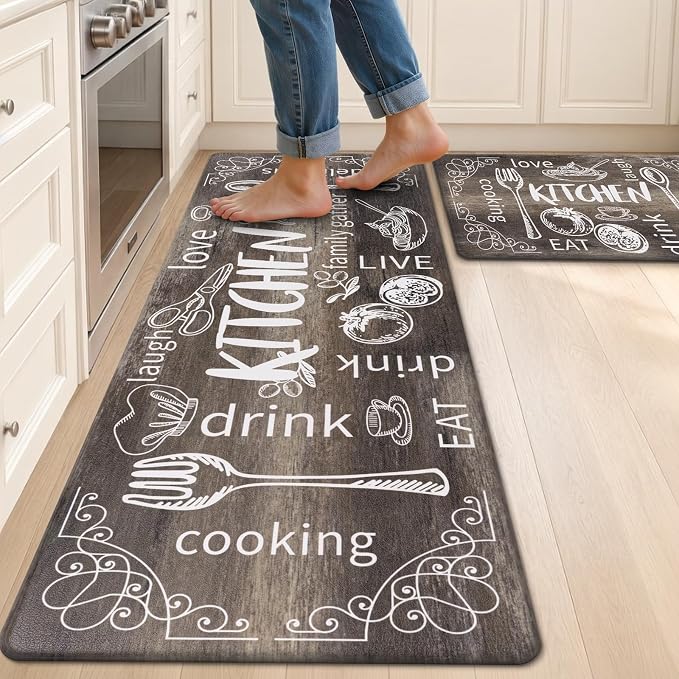 HEBE Anti Fatigue Kitchen Rugs Set of 2, Non Slip Cushioned Kitchen Mats for Floor, Waterproof Farmhouse Comfort Standing Desk Mat for Kitchen Sink,Office,Laundry
