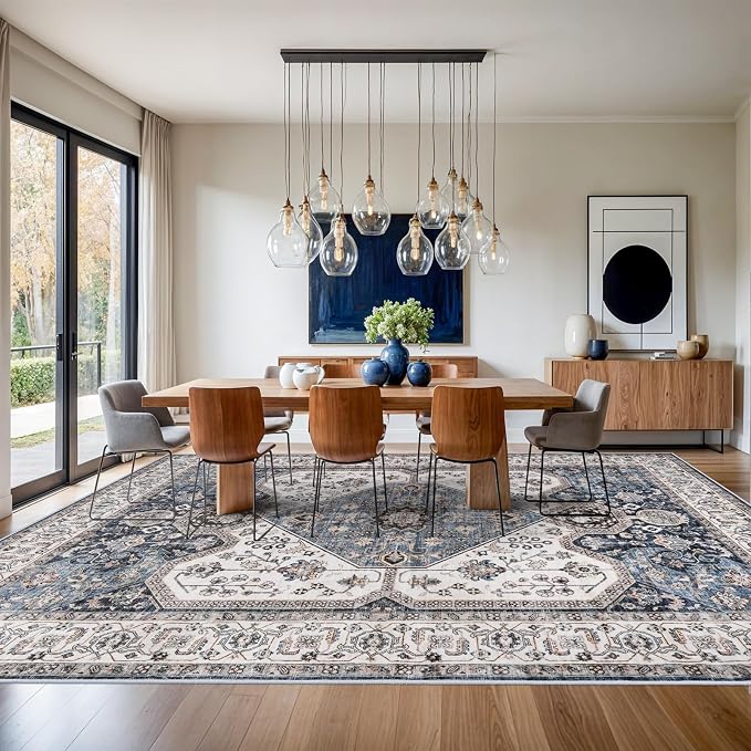 RUUGME Large 10x14 Area Rugs - Large Boho Rugs for Living Room Stain Resistant Carpet Vintage Tribal Rugs for Bedroom Kitchen with Non Slip Backing Decor Floor Decoration Mat 10x14 Navy/Blue