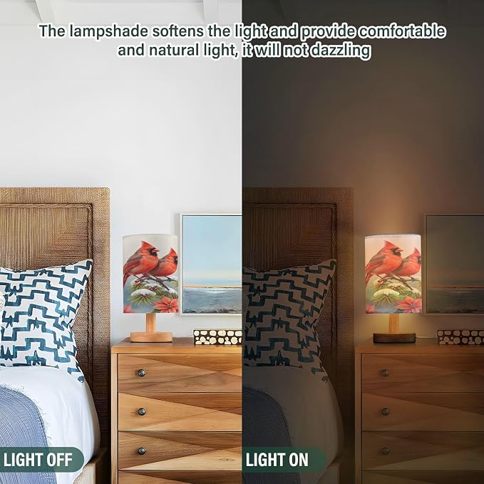 Christmas Flowers Winter Cardinals Table Lamp Bedroom Bedside Night Reading Desk Lamps Cylinder Nightstand Sleeping Light Lamp for Xmas Party Living Room Office Decor