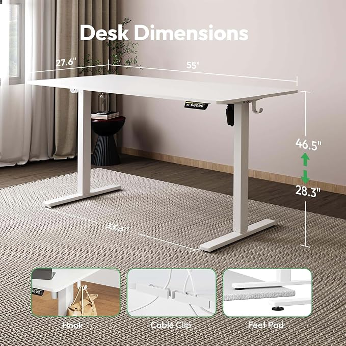 Large Electric Standing Desk,55x28 Inches Adjustable Height Stand up Desk, Sit Stand Home Office Desk, 3 Preset Heights,Equipped with Hooks,Ergonomic Computer Desk Workstation，White